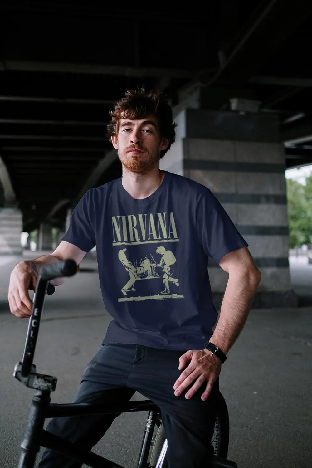 Nirvana Logo & Playing on Stage Adult Navy Short Sleeve T Shirt 90s Music Vintage Style Graphic Tees