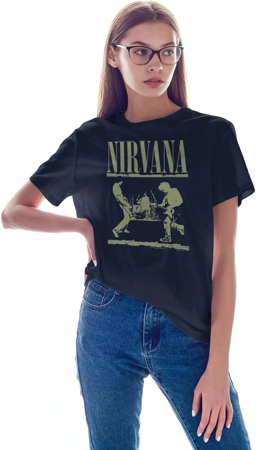 Nirvana Logo & Playing on Stage Adult Navy Short Sleeve T Shirt 90s Music Vintage Style Graphic Tees