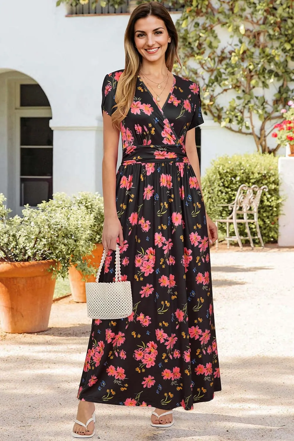 OUGES Maternity Maxi Dress Wrap V Neck Baby Shower Pregnancy Dresses for Photoshoot