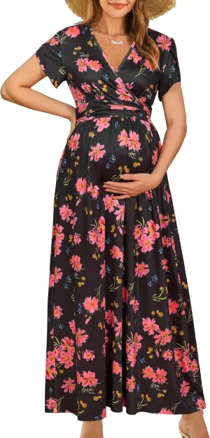 OUGES Maternity Maxi Dress Wrap V Neck Baby Shower Pregnancy Dresses for Photoshoot