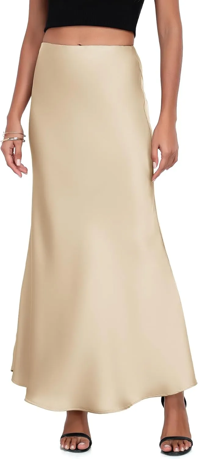 PEIQI 2025 Women's Satin High Waisted Maxi Skirts Summer Fall Silk Cocktail Party Flared Casual A Line Skirt