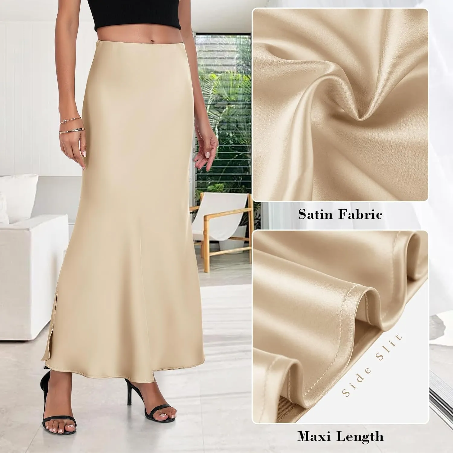 PEIQI 2025 Women's Satin High Waisted Maxi Skirts Summer Fall Silk Cocktail Party Flared Casual A Line Skirt