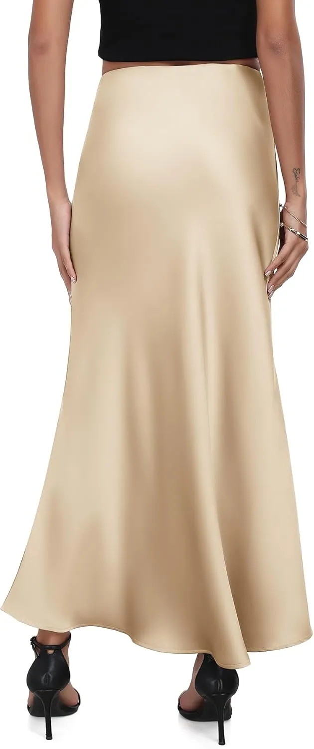 PEIQI 2025 Women's Satin High Waisted Maxi Skirts Summer Fall Silk Cocktail Party Flared Casual A Line Skirt