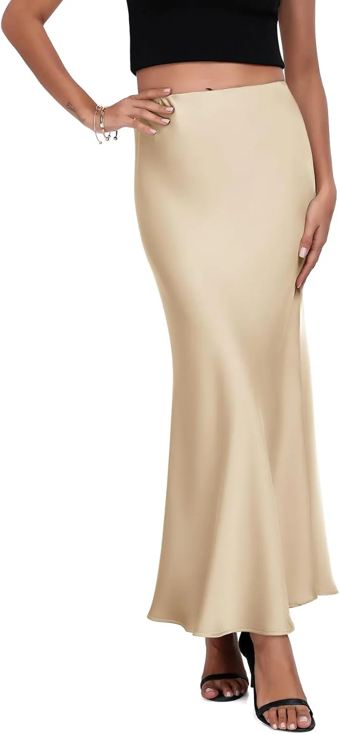 PEIQI 2025 Women's Satin High Waisted Maxi Skirts Summer Fall Silk Cocktail Party Flared Casual A Line Skirt