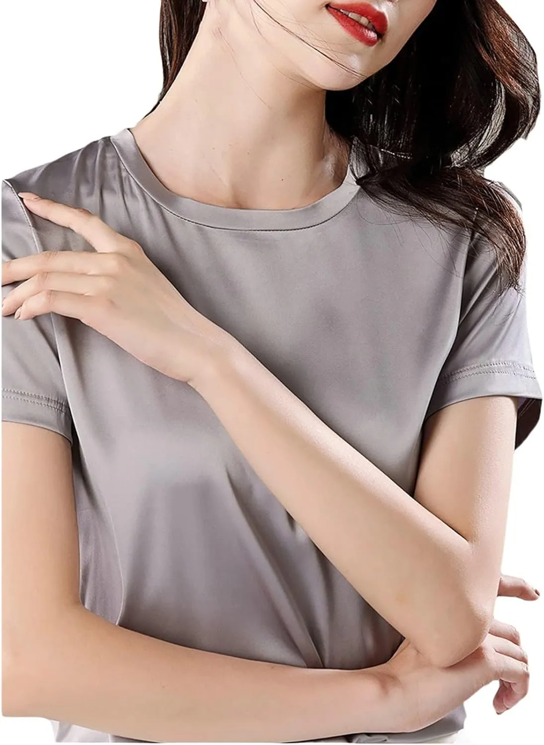 SANGTREE Women's Crew Neck Short Sleeve Satin Silk Blouse Tops