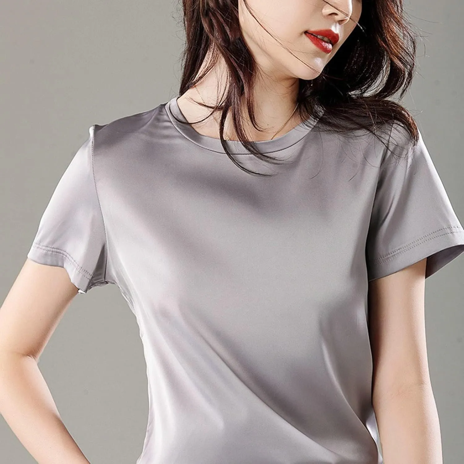 SANGTREE Women's Crew Neck Short Sleeve Satin Silk Blouse Tops
