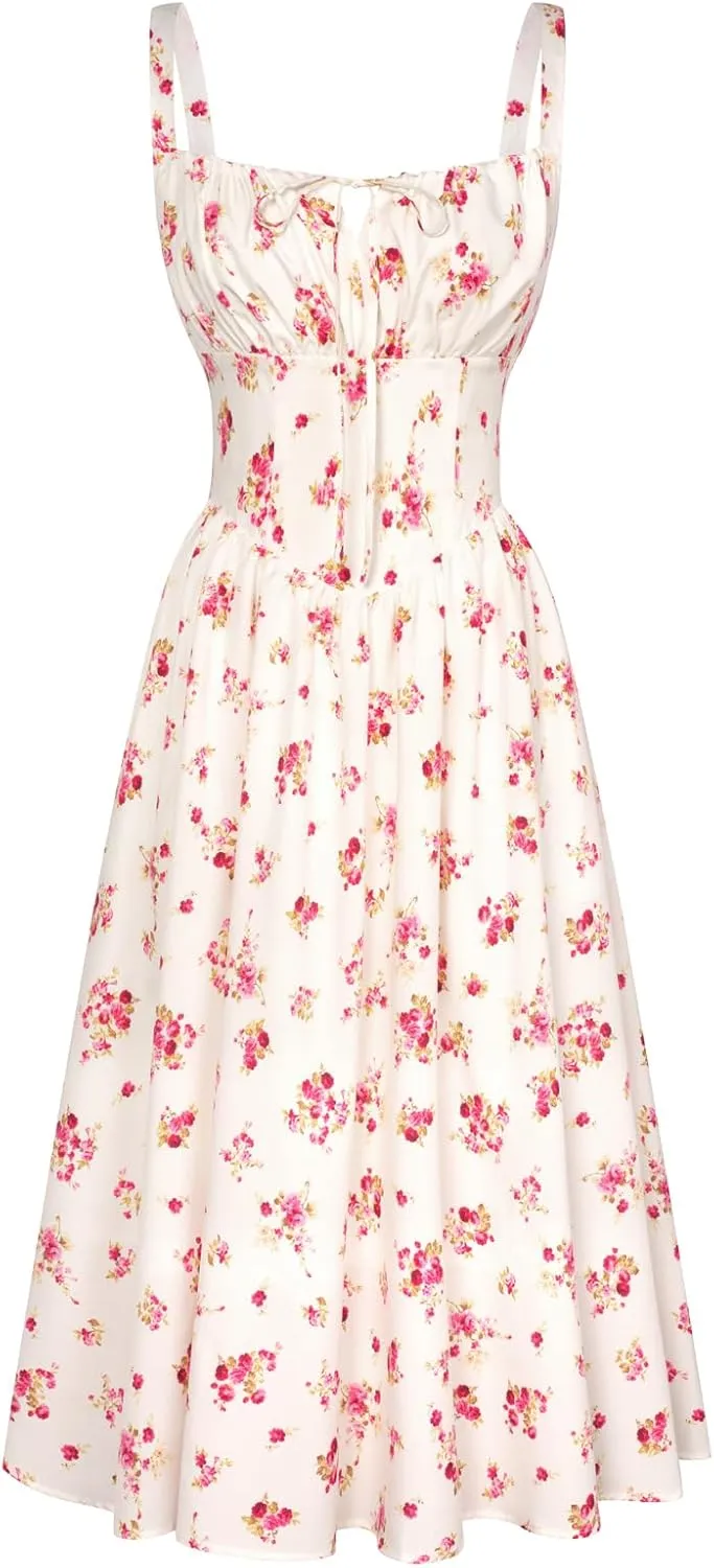 Scarlet Darkness Floral Printed Corset Dress Ruched Bust Cami Dress Flowy Sundress