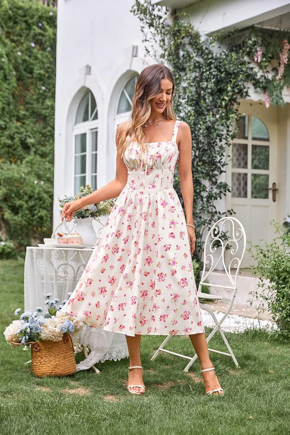 Scarlet Darkness Floral Printed Corset Dress Ruched Bust Cami Dress Flowy Sundress