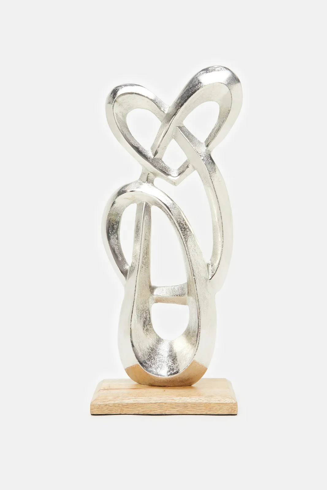 Silver Shiny Decorative Metal Abstract Artefact With Wooden Base