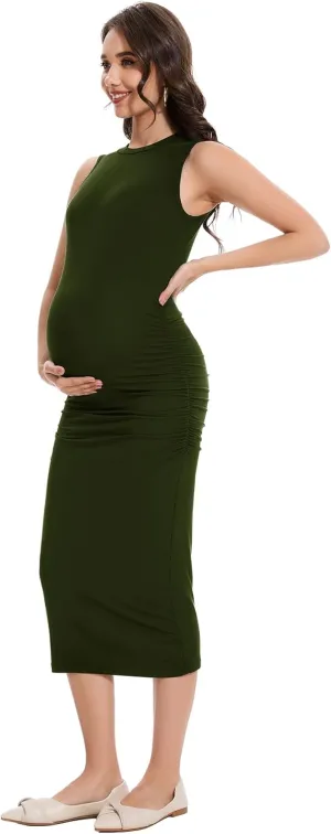 Smallshow Women's Maternity Midi Dress Crew Neck Sleeveless Pregnancy Clothes