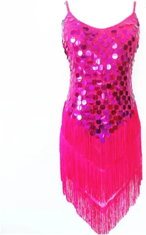 Women Dance Dress Shining Sequined Fringed Latin Tango Rumba Samba Party Slip Dress