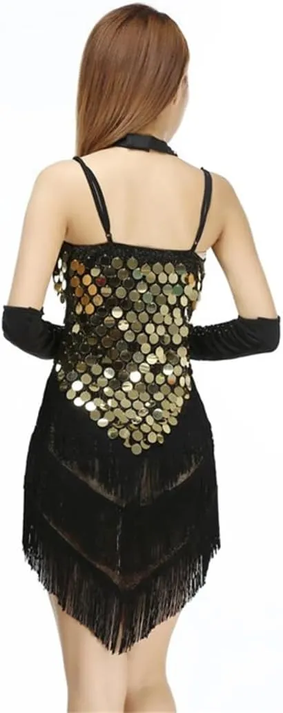 Women Dance Dress Shining Sequined Fringed Latin Tango Rumba Samba Party Slip Dress