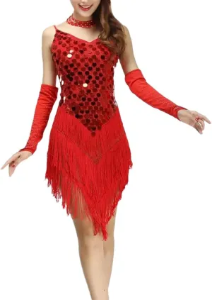 Women Dance Dress Shining Sequined Fringed Latin Tango Rumba Samba Party Slip Dress