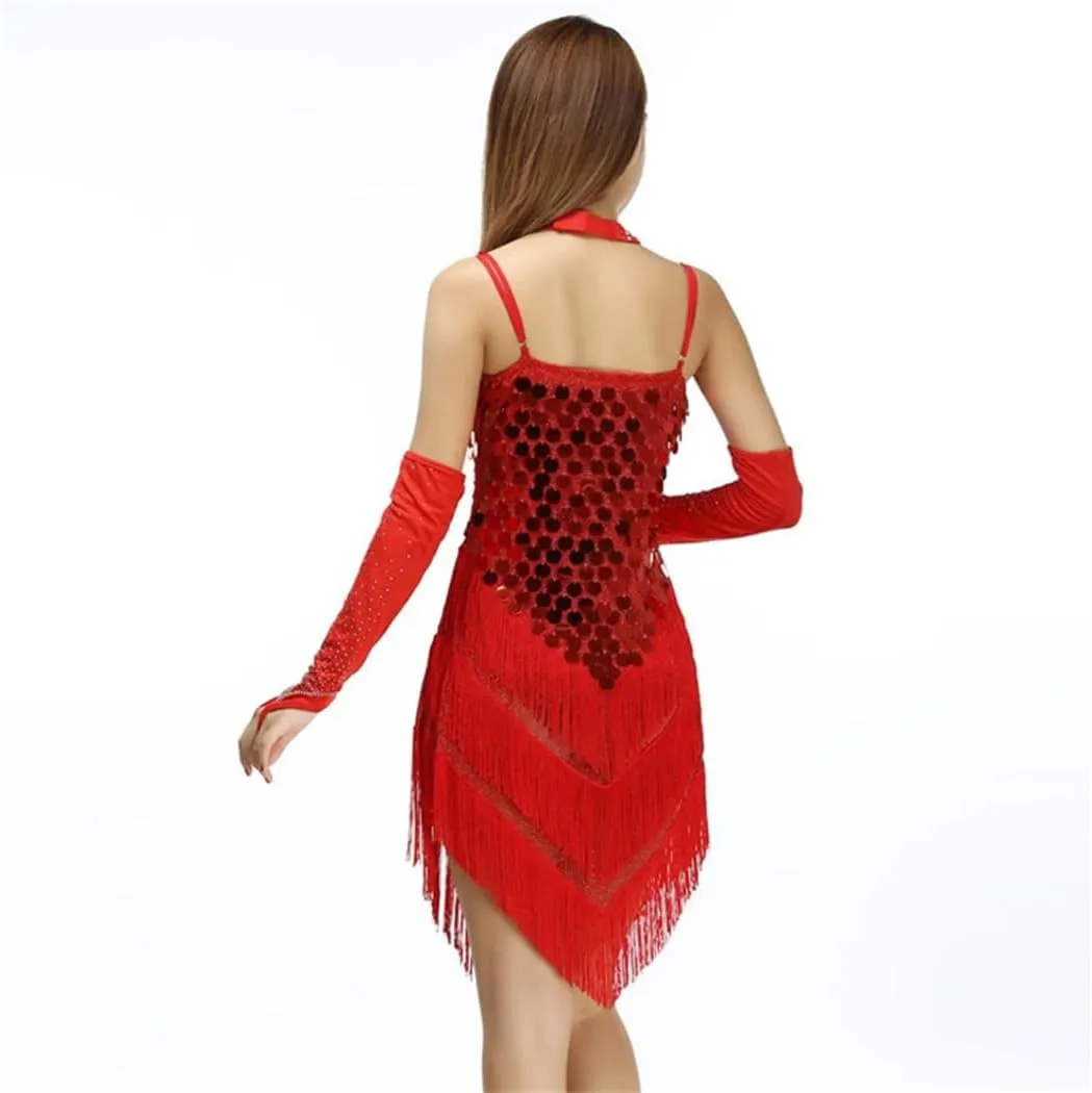 Women Dance Dress Shining Sequined Fringed Latin Tango Rumba Samba Party Slip Dress