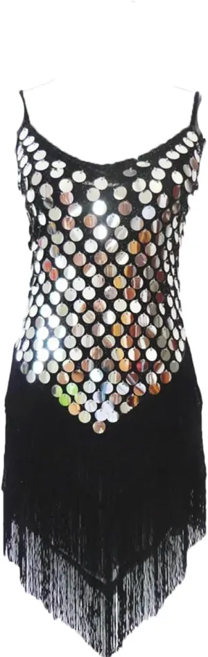 Women Dance Dress Shining Sequined Fringed Latin Tango Rumba Samba Party Slip Dress