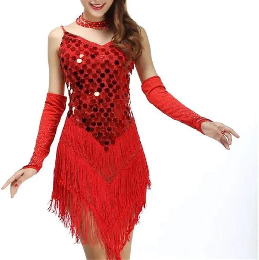 Women Dance Dress Shining Sequined Fringed Latin Tango Rumba Samba Party Slip Dress