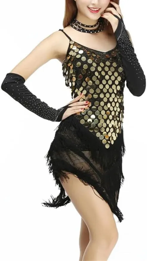 Women Dance Dress Shining Sequined Fringed Latin Tango Rumba Samba Party Slip Dress