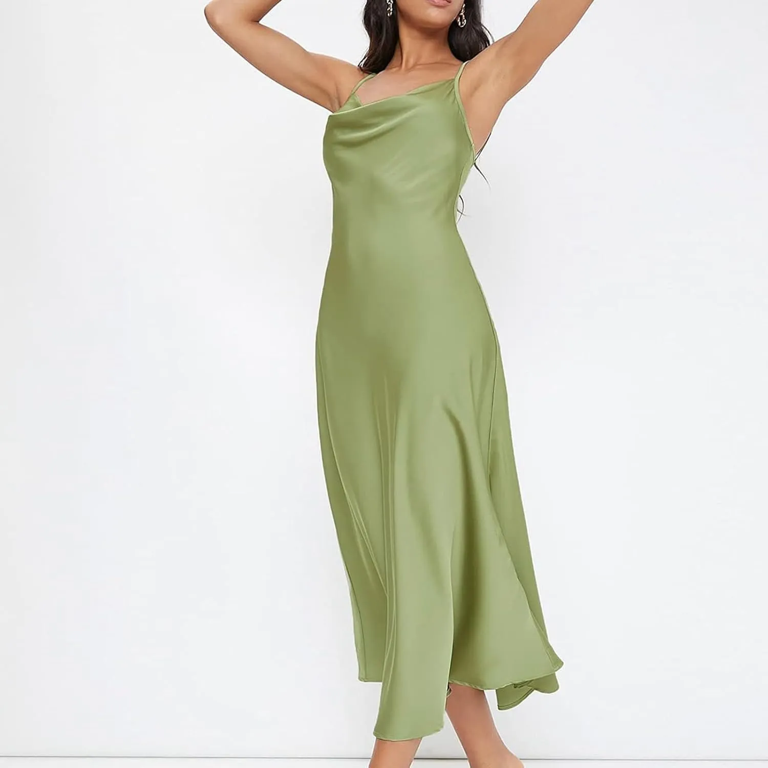 Women Satin Slip Midi Dress Cowl Neck Spaghetti Strap Silk Dress Elegant Cocktail Wedding Guest Evening Party Dresses