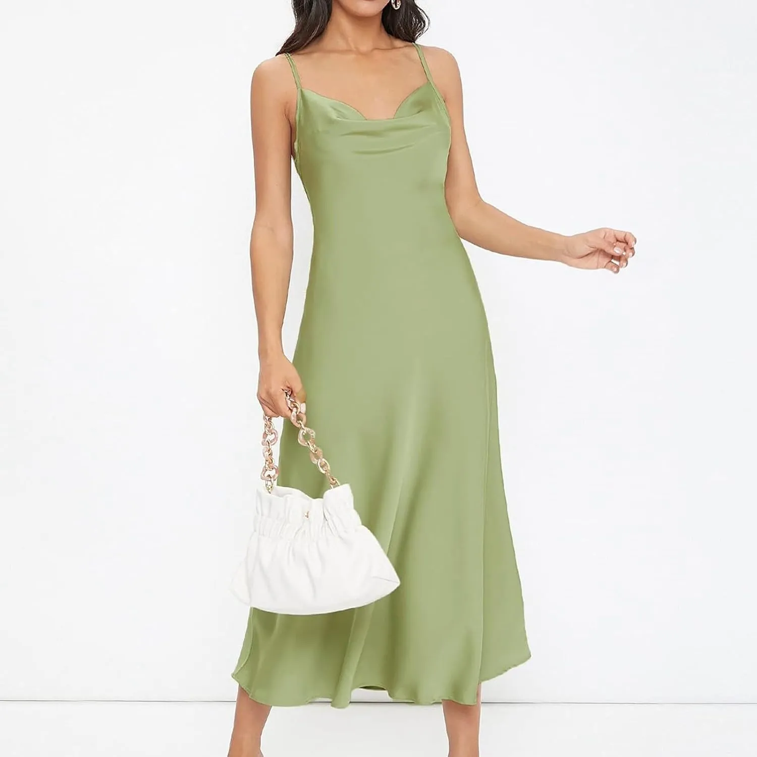 Women Satin Slip Midi Dress Cowl Neck Spaghetti Strap Silk Dress Elegant Cocktail Wedding Guest Evening Party Dresses