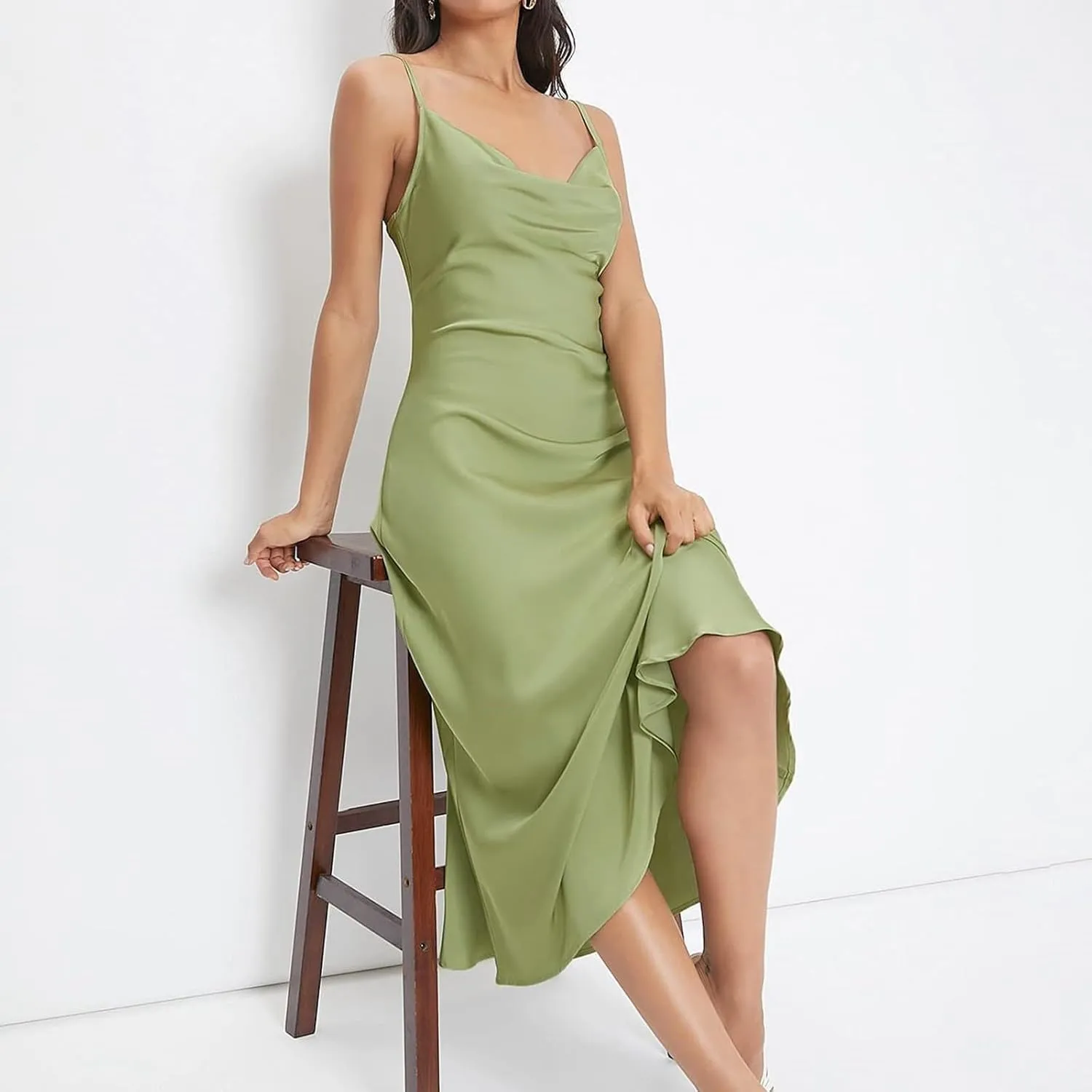 Women Satin Slip Midi Dress Cowl Neck Spaghetti Strap Silk Dress Elegant Cocktail Wedding Guest Evening Party Dresses