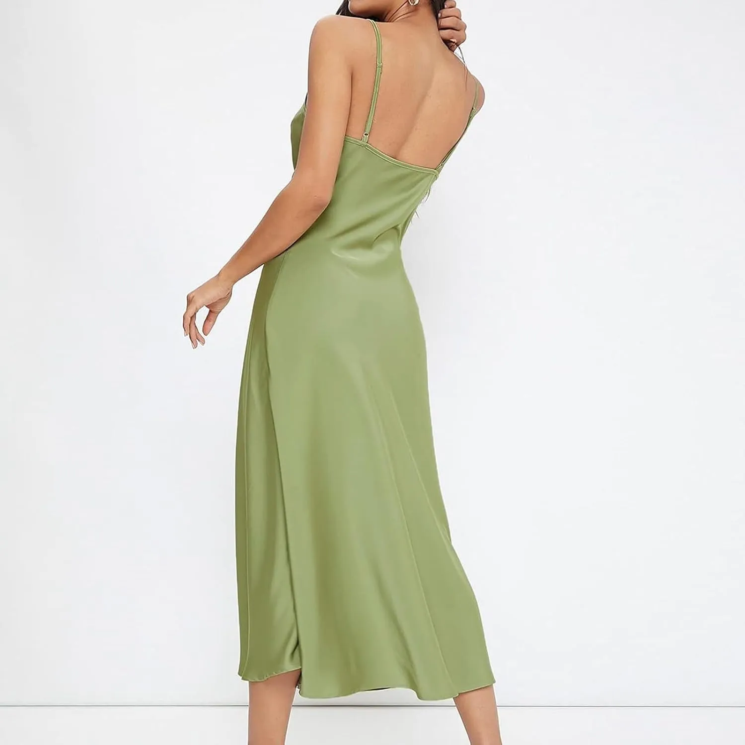 Women Satin Slip Midi Dress Cowl Neck Spaghetti Strap Silk Dress Elegant Cocktail Wedding Guest Evening Party Dresses