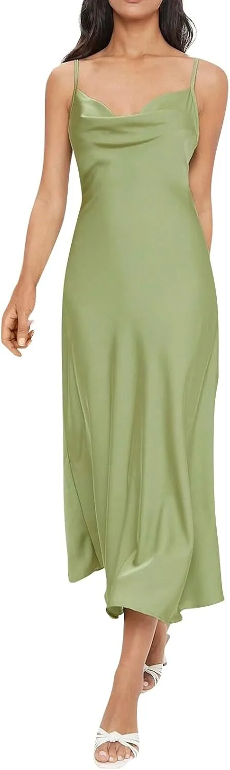 Women Satin Slip Midi Dress Cowl Neck Spaghetti Strap Silk Dress Elegant Cocktail Wedding Guest Evening Party Dresses