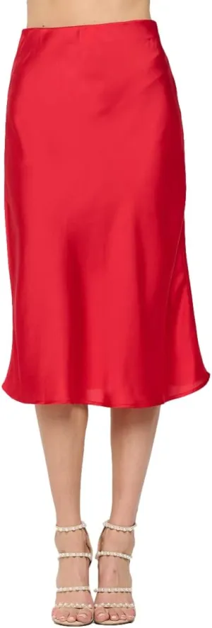 Women Solid High Waist Silky Casual Elastic Satin Midi Skirt -Made in USA (Available in Plus Size)