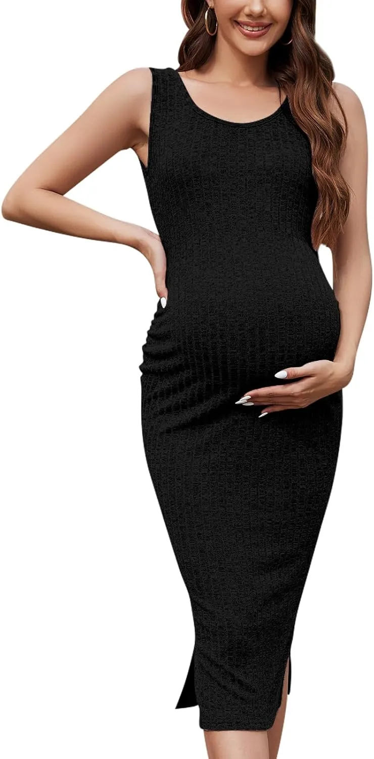 Women's 2024 Fashion Stretchy Maternity Tank Dress,Sleeveless Ribbed Maternity Dress for Baby Shower