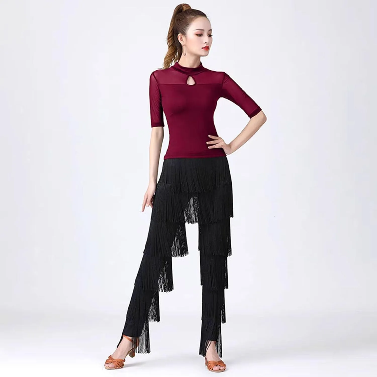 Womens Latin Dance Pants with Fringe Performance Practice Tango Salsa Cha Cha Pants Elastic Waist Trousers