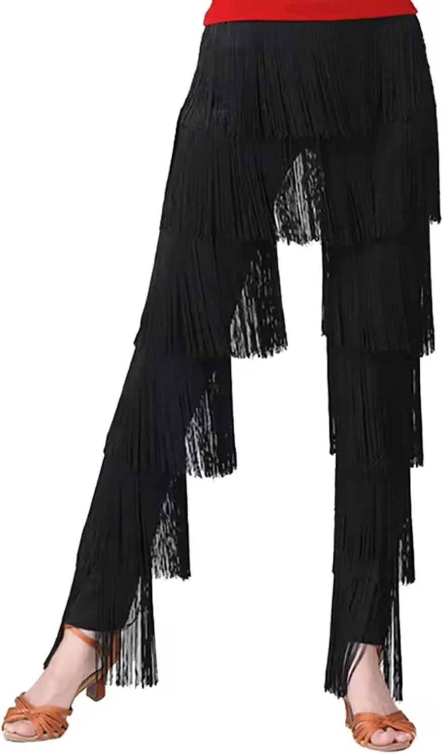 Womens Latin Dance Pants with Fringe Performance Practice Tango Salsa Cha Cha Pants Elastic Waist Trousers