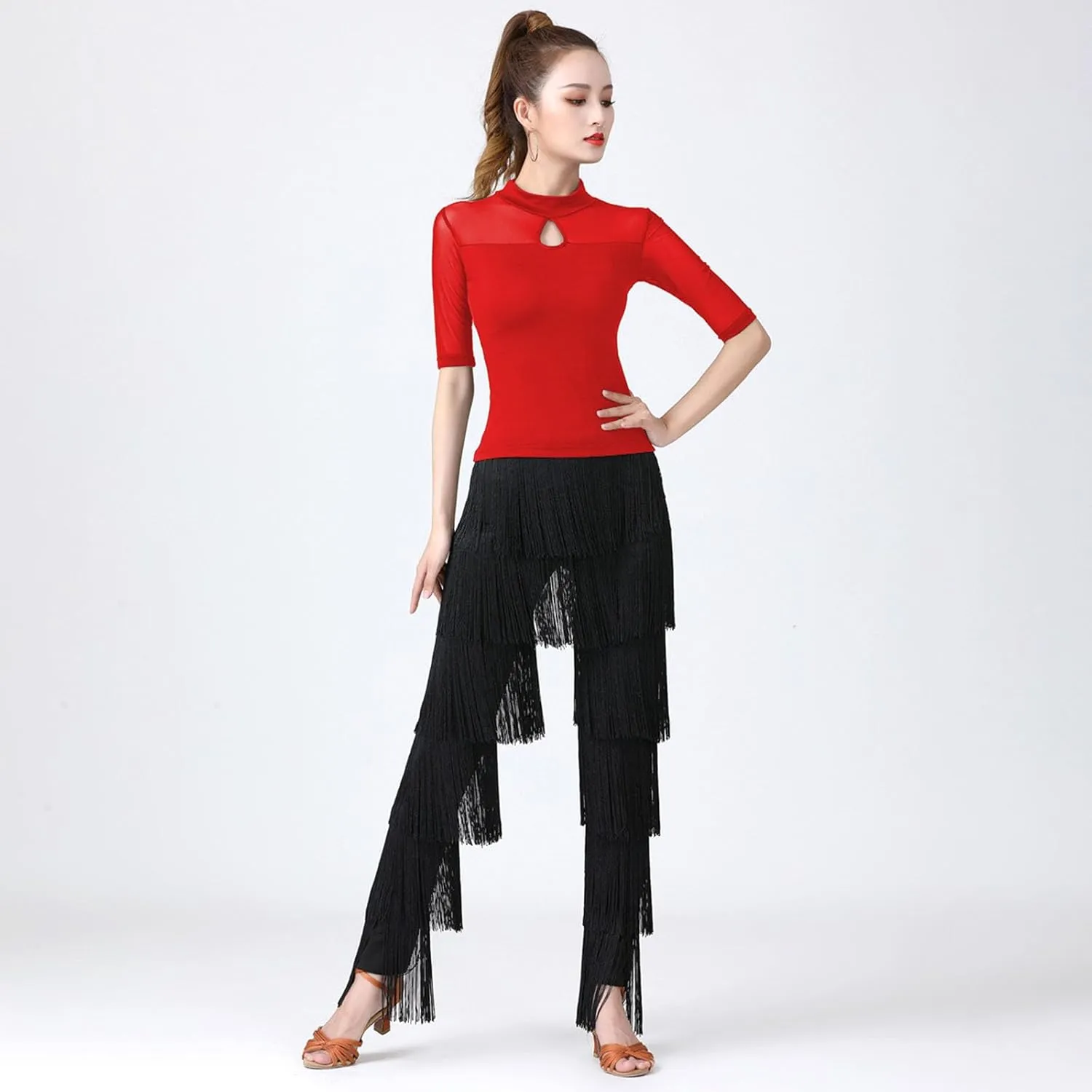 Womens Latin Dance Pants with Fringe Performance Practice Tango Salsa Cha Cha Pants Elastic Waist Trousers