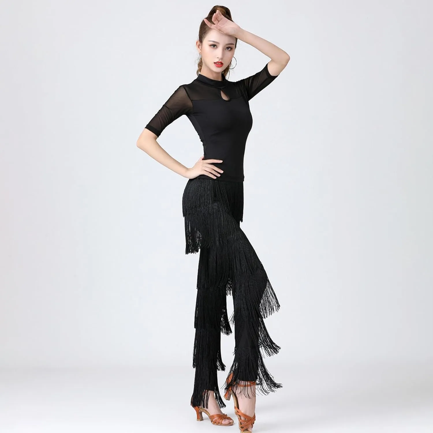 Womens Latin Dance Pants with Fringe Performance Practice Tango Salsa Cha Cha Pants Elastic Waist Trousers