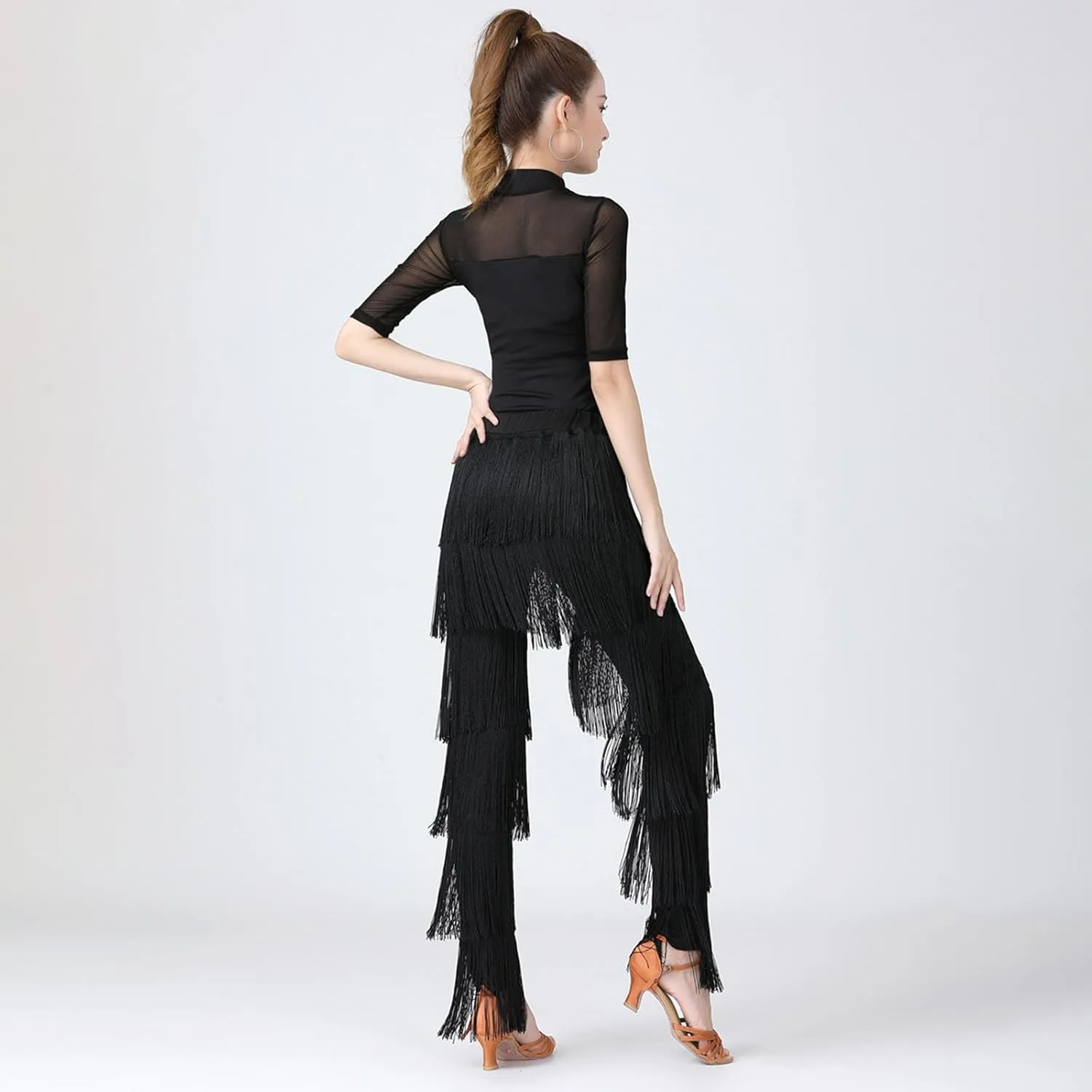 Womens Latin Dance Pants with Fringe Performance Practice Tango Salsa Cha Cha Pants Elastic Waist Trousers