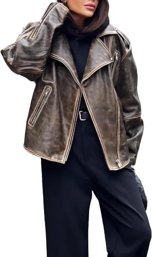 Women's Oversized Genuine Leather Brown Classic Bomber Coat Costume Jacket