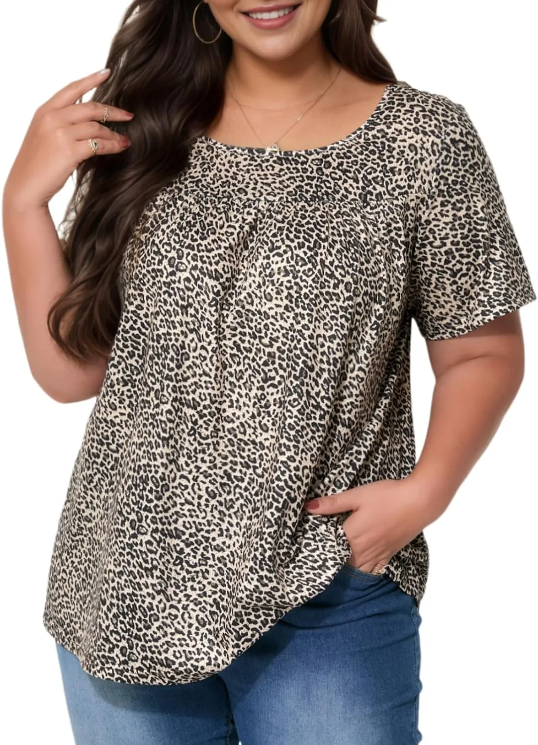 Womens Plus Size Flowy Tunic Tops Short Sleeve Pleated Swing Hem Graphic Shirts Casual Loose Fit Blouse XL-5XL