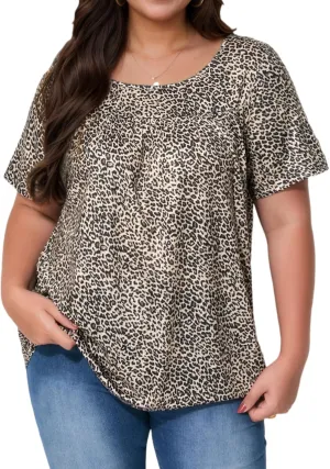 Womens Plus Size Flowy Tunic Tops Short Sleeve Pleated Swing Hem Graphic Shirts Casual Loose Fit Blouse XL-5XL