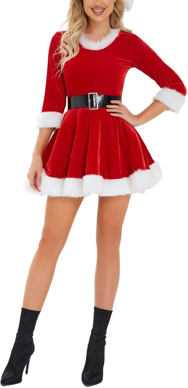 Women's Santa Claus Costume Christmas Round Neck Plush Trim Babydoll Dress Fluffy Velvet Patchwork Mini Dress