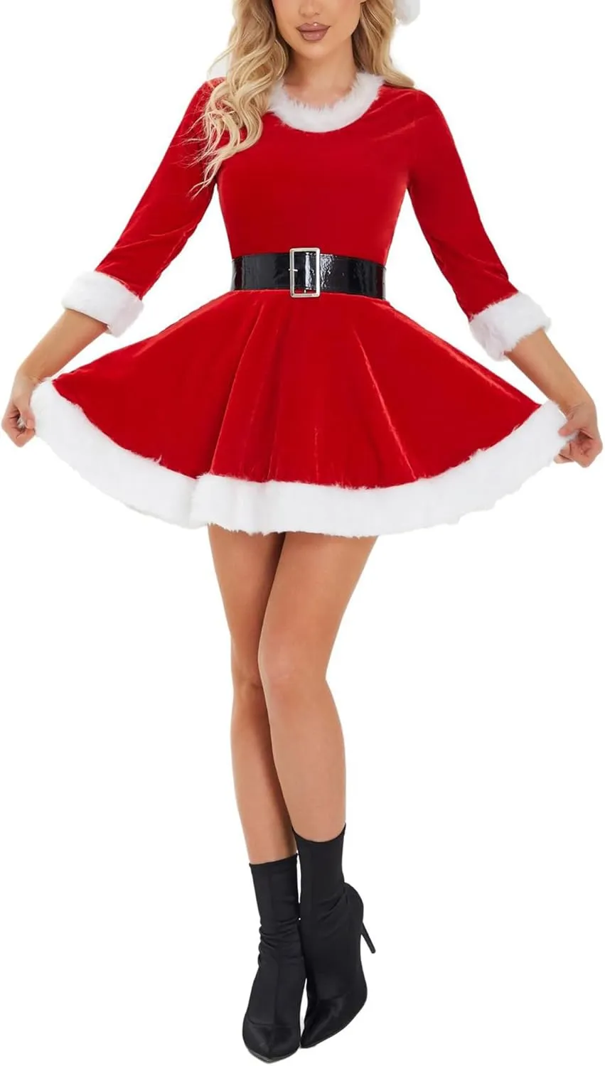 Women's Santa Claus Costume Christmas Round Neck Plush Trim Babydoll Dress Fluffy Velvet Patchwork Mini Dress