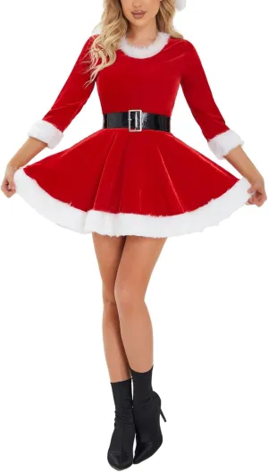 Women's Santa Claus Costume Christmas Round Neck Plush Trim Babydoll Dress Fluffy Velvet Patchwork Mini Dress