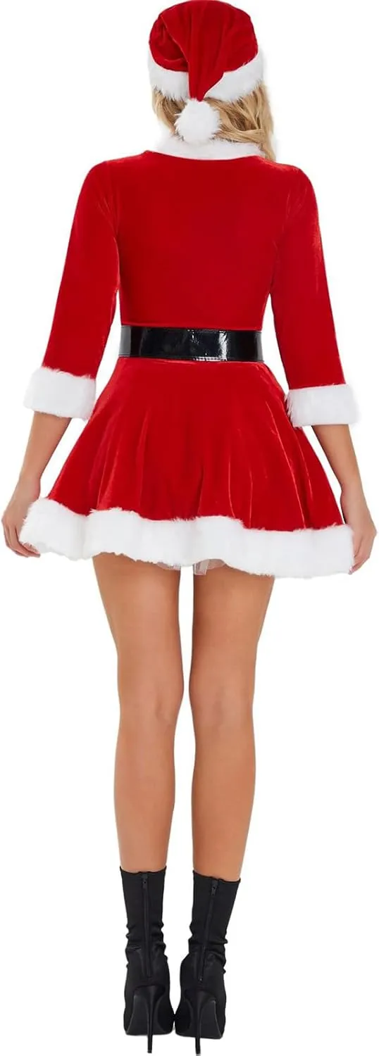 Women's Santa Claus Costume Christmas Round Neck Plush Trim Babydoll Dress Fluffy Velvet Patchwork Mini Dress