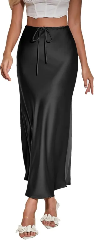 Womens Satin Maxi Skirt High Waisted Silk Elegant A Line Cocktail Party Long Skirts