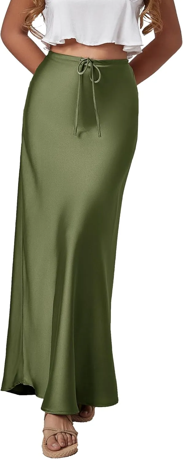 Womens Satin Maxi Skirt High Waisted Silk Elegant A Line Cocktail Party Long Skirts