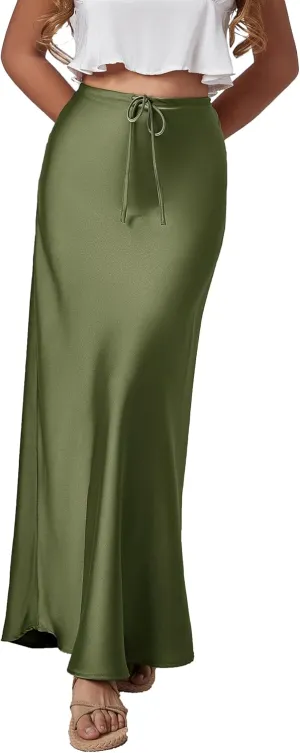 Womens Satin Maxi Skirt High Waisted Silk Elegant A Line Cocktail Party Long Skirts