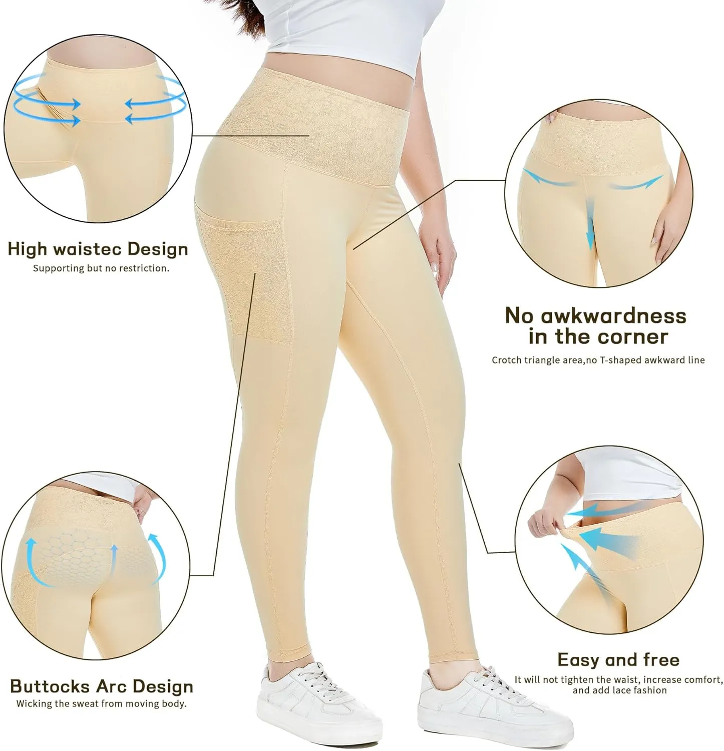 Women's Yoga Pants Lace High-Waist Leggings with Pockets, Soft Breathable Tummy Control Fit for Yoga Gym