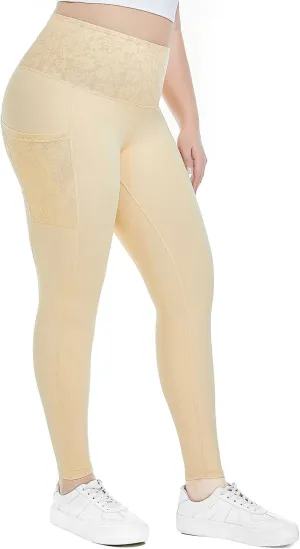 Women's Yoga Pants Lace High-Waist Leggings with Pockets, Soft Breathable Tummy Control Fit for Yoga Gym