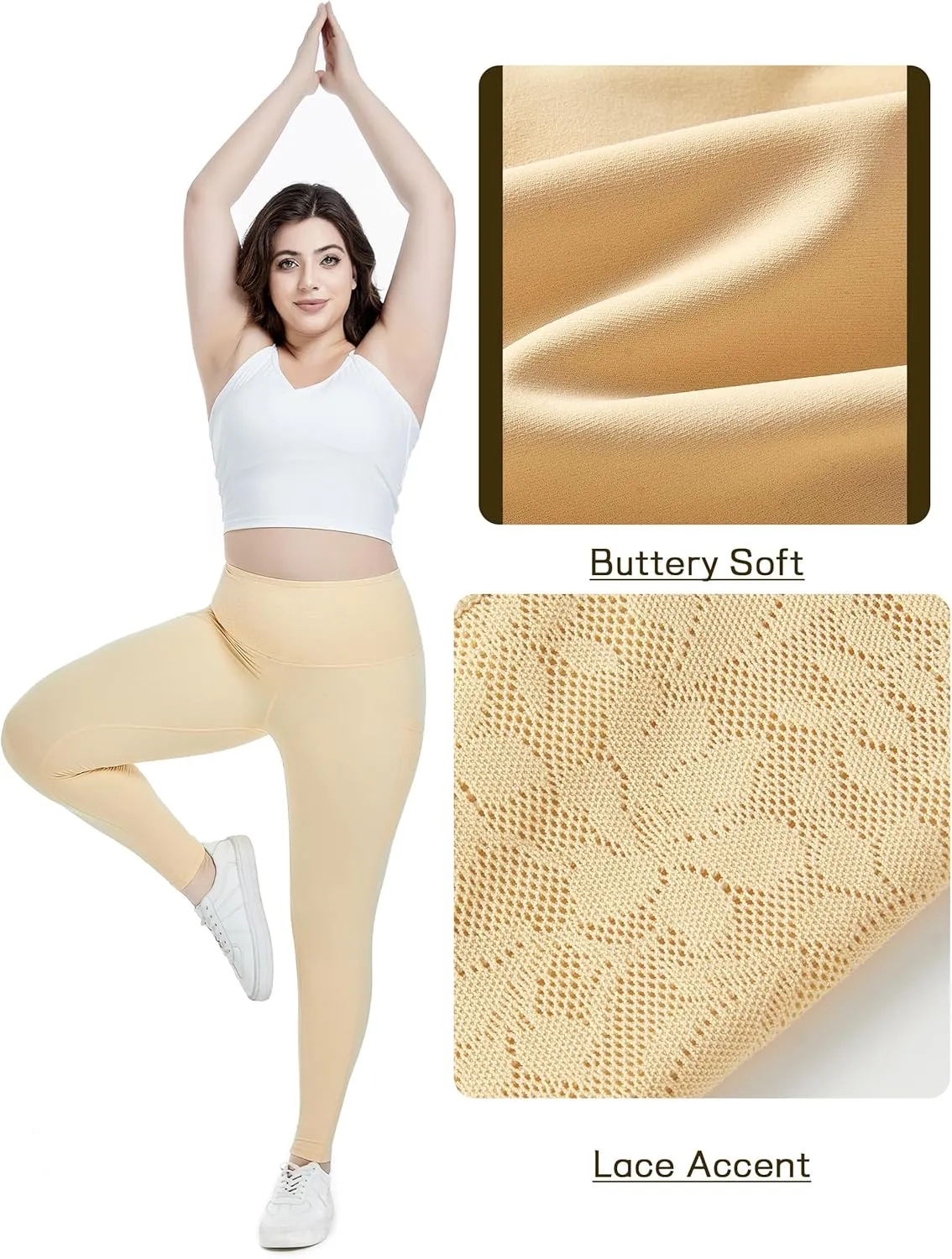 Women's Yoga Pants Lace High-Waist Leggings with Pockets, Soft Breathable Tummy Control Fit for Yoga Gym